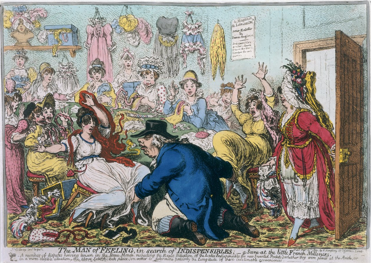 El hombre de sentimientos en busca de lo indispensable, o una escena en la tienda de modistas francesas, publicado por Hannah Humphrey en 1800 de James Gillray