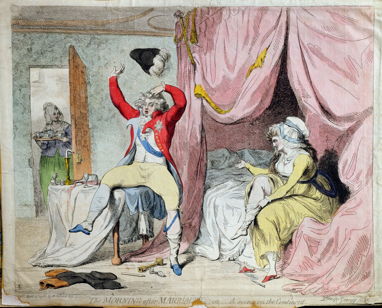 La mañana después del matrimonio, o una escena en el continente, publicado por W. Holland en 1788 de James Gillray