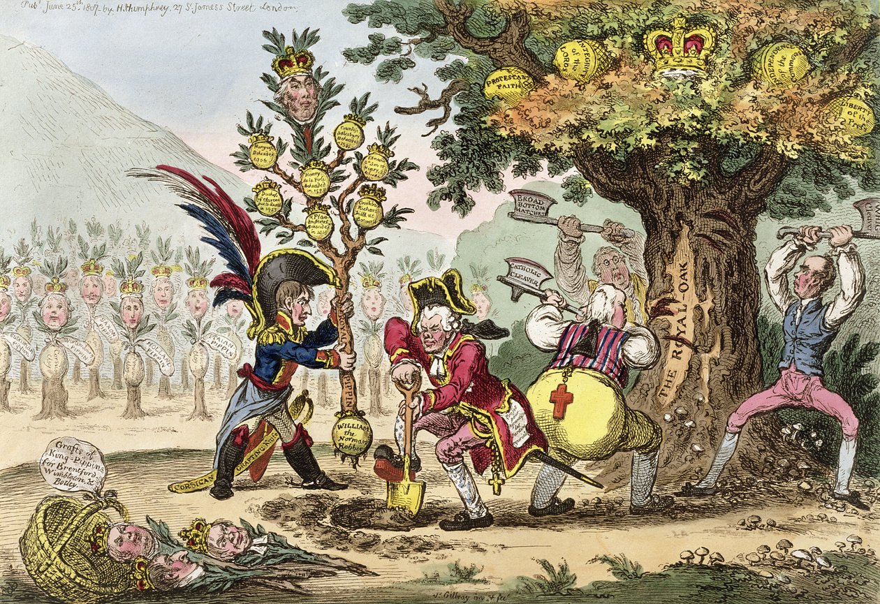 La Nueva Dinastía, o El Pequeño Jardinero Corso plantando un Árbol Real de Manzanas, publicado por Hannah Humphrey en 1807 de James Gillray