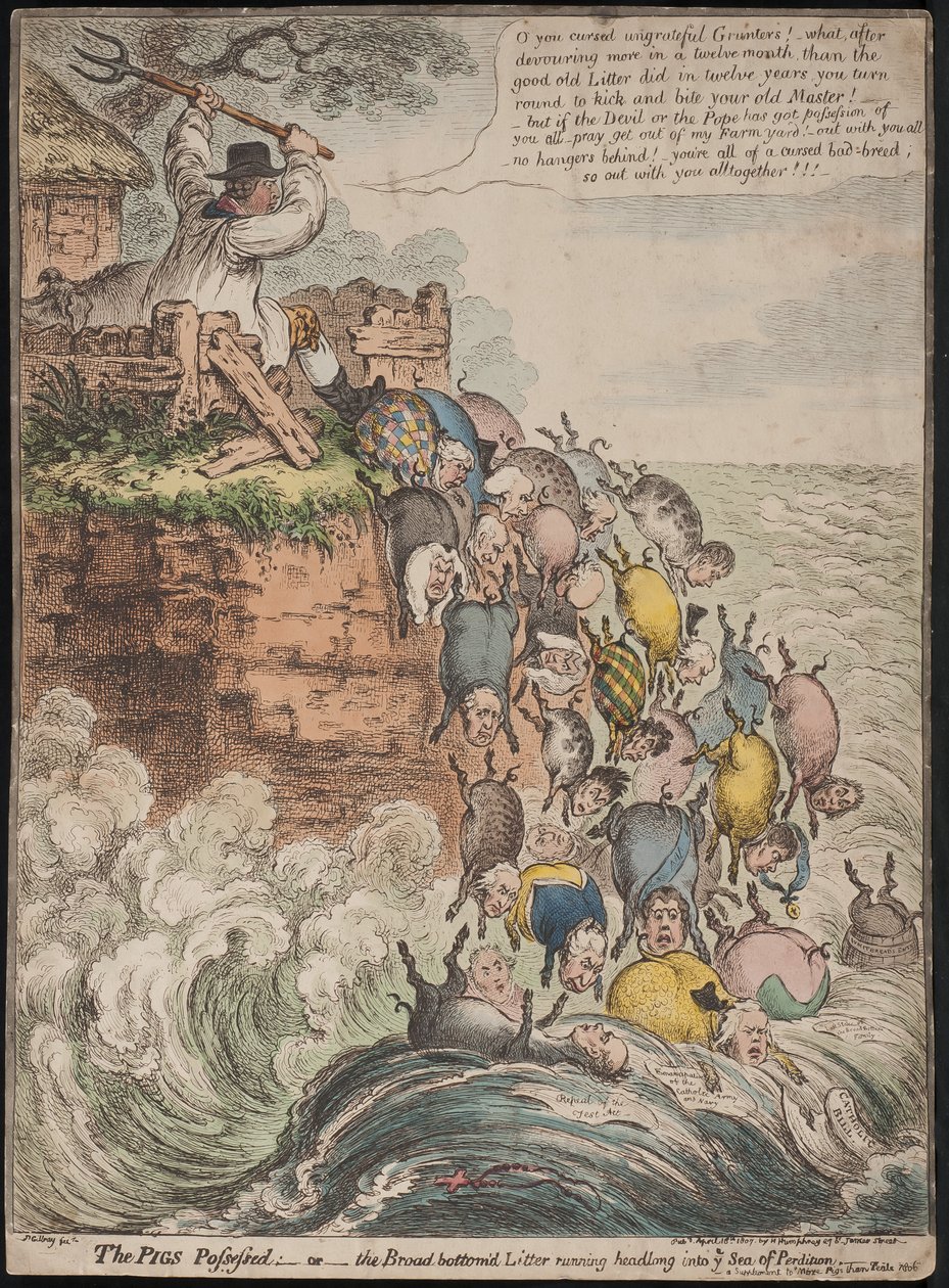 Los cerdos poseídos, o la camada de fondo ancho corriendo hacia el mar de la perdición, 1807 de James Gillray