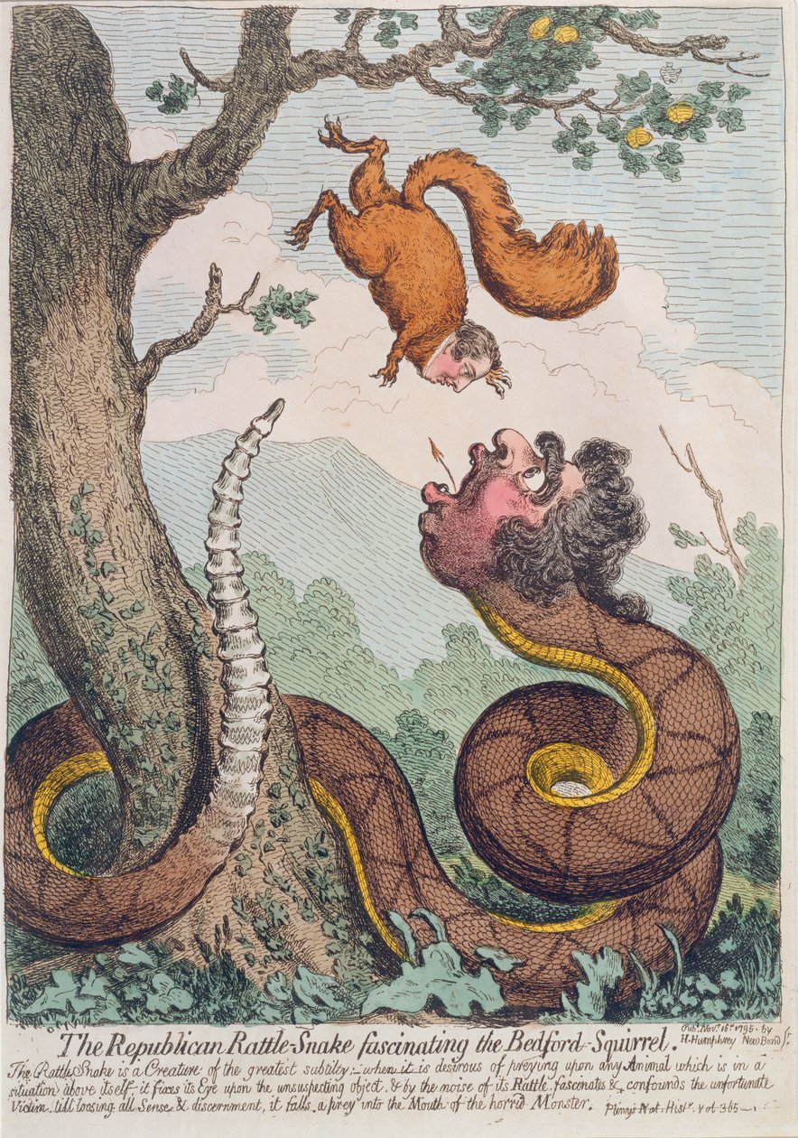 La serpiente de cascabel republicana fascinando a la ardilla de Bedford, publicada por Hannah Humphrey en 1795 de James Gillray