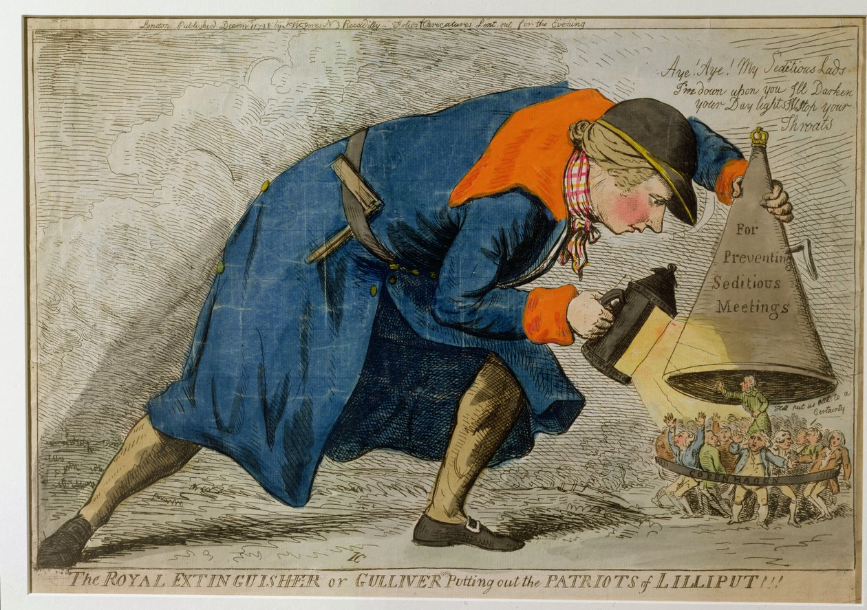 El extinguidor real, o Gulliver apagando a los patriotas de Liliput, publicado por S.W. Fores en 1795 de James Gillray
