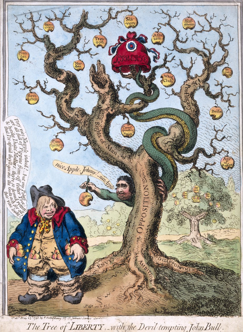 El árbol de la libertad con el diablo tentando a John Bull, pub. por Hannah Humphrey, 1798 de James Gillray