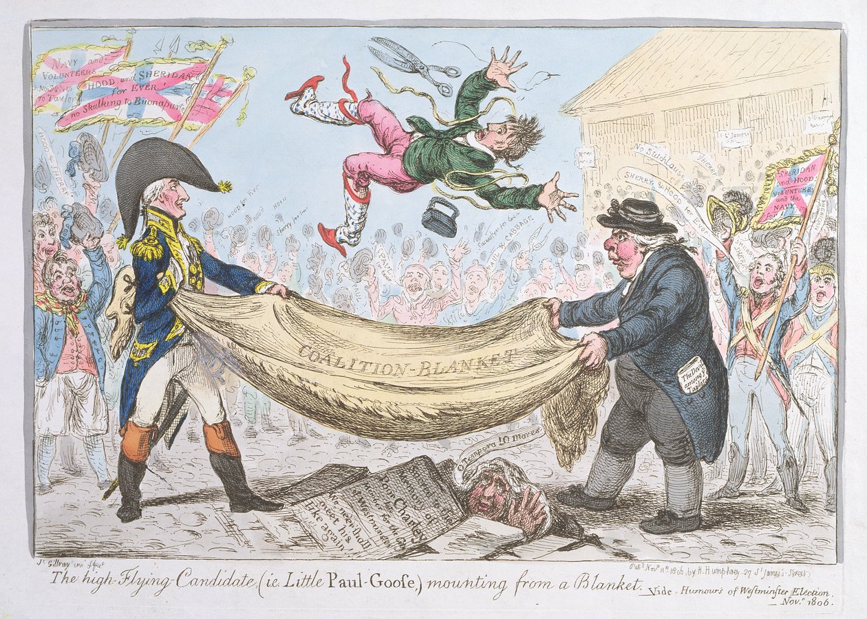 El candidato volador (es decir, Little Paul Goose) ascendiendo desde una manta, publicado por Hannah Humphrey en 1806 de James Gillray