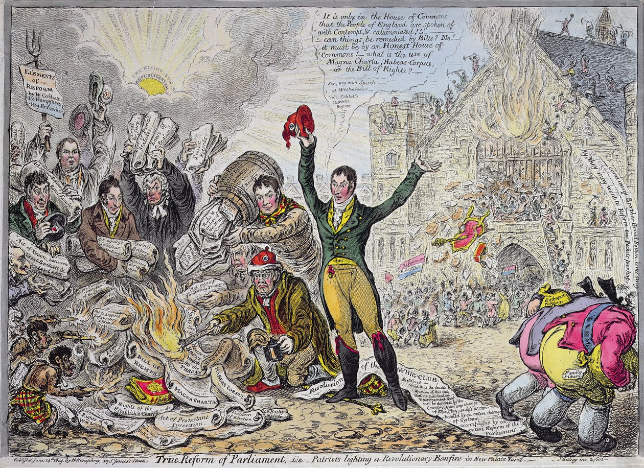 La verdadera reforma del Parlamento, es decir, patriotas encendiendo una hoguera revolucionaria en New Palace Yard, publicado por Hannah Humphrey en 1809 de James Gillray