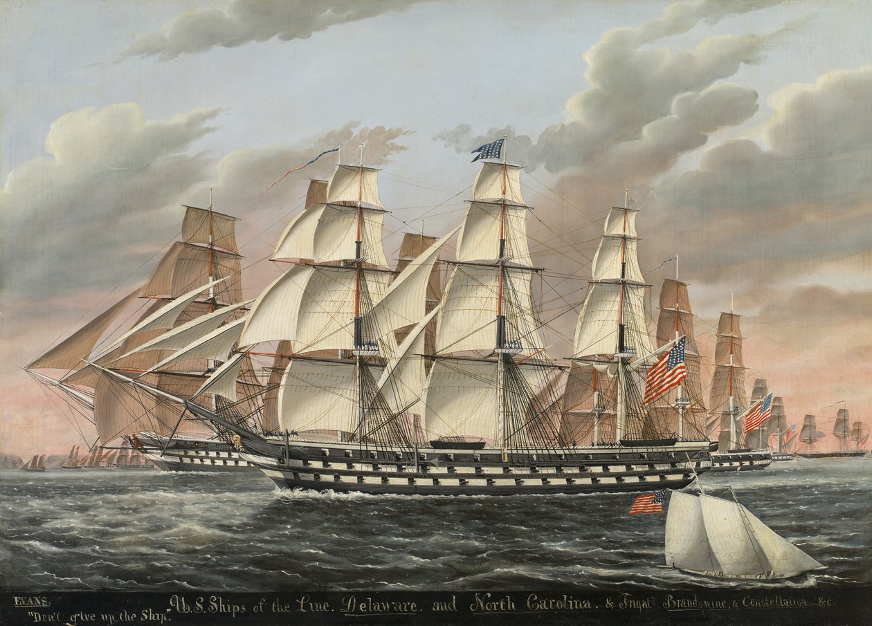 Buques de línea y fragatas de EE.UU. Delaware y Carolina del Norte, Brandywine y Constellation, 1848 de James Guy Evans