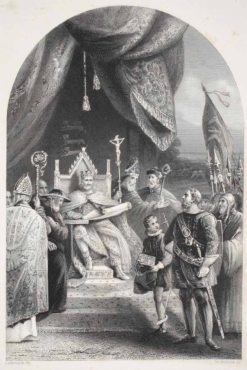 El rey Juan sellando la Carta Magna, grabado por W. French de James Lonsdale