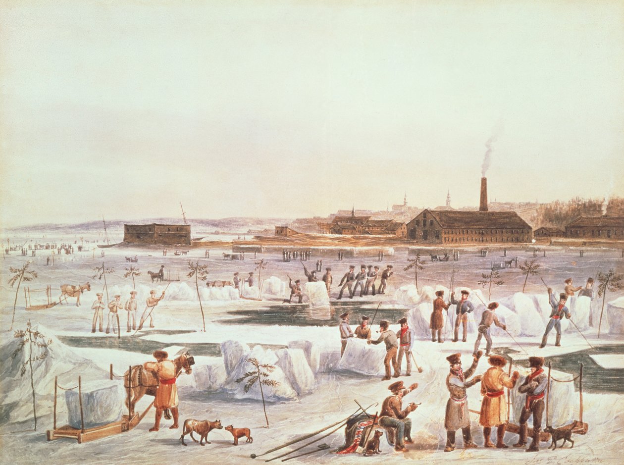 Cortando hielo en invierno en el río St. Charles de James Pattison Cockburn