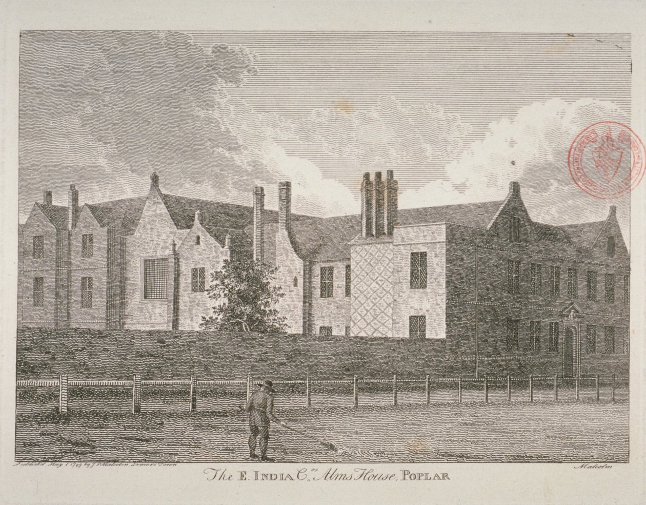 Vista de las casas de beneficencia de la Compañía de las Indias Orientales en Poplar, 1799 de James Peller Malcolm