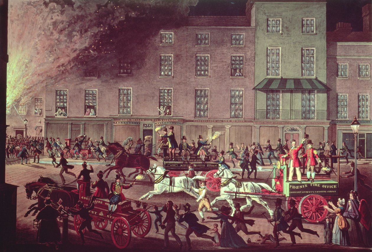 Carros de bomberos de Londres, grabado por R.G. Reeve, pub. por Thomas McLean, c.1830 de James Pollard