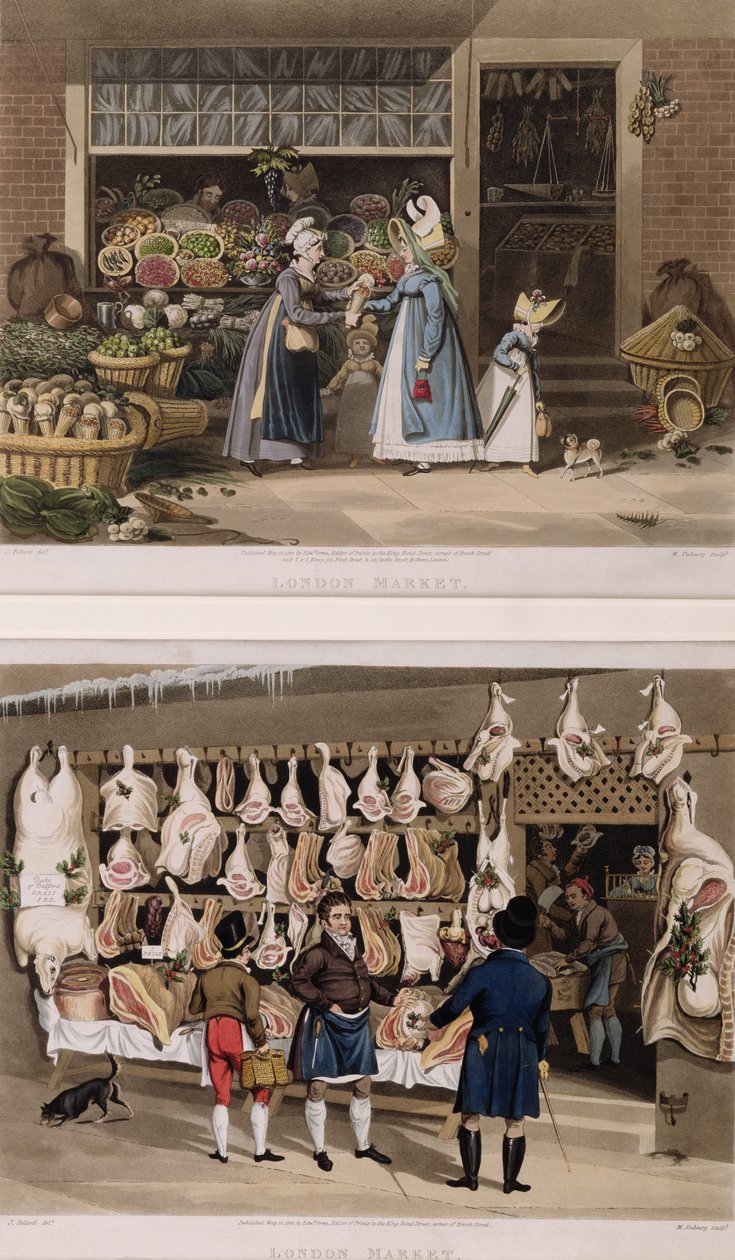 El puesto de carne y el puesto de frutas de los mercados de Londres, grabado por M. Dubourg, 1822 de James Pollard