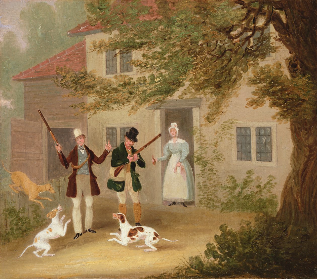 Dos deportistas con sus punteros saliendo de una cabaña, c.1830 de James Pollard
