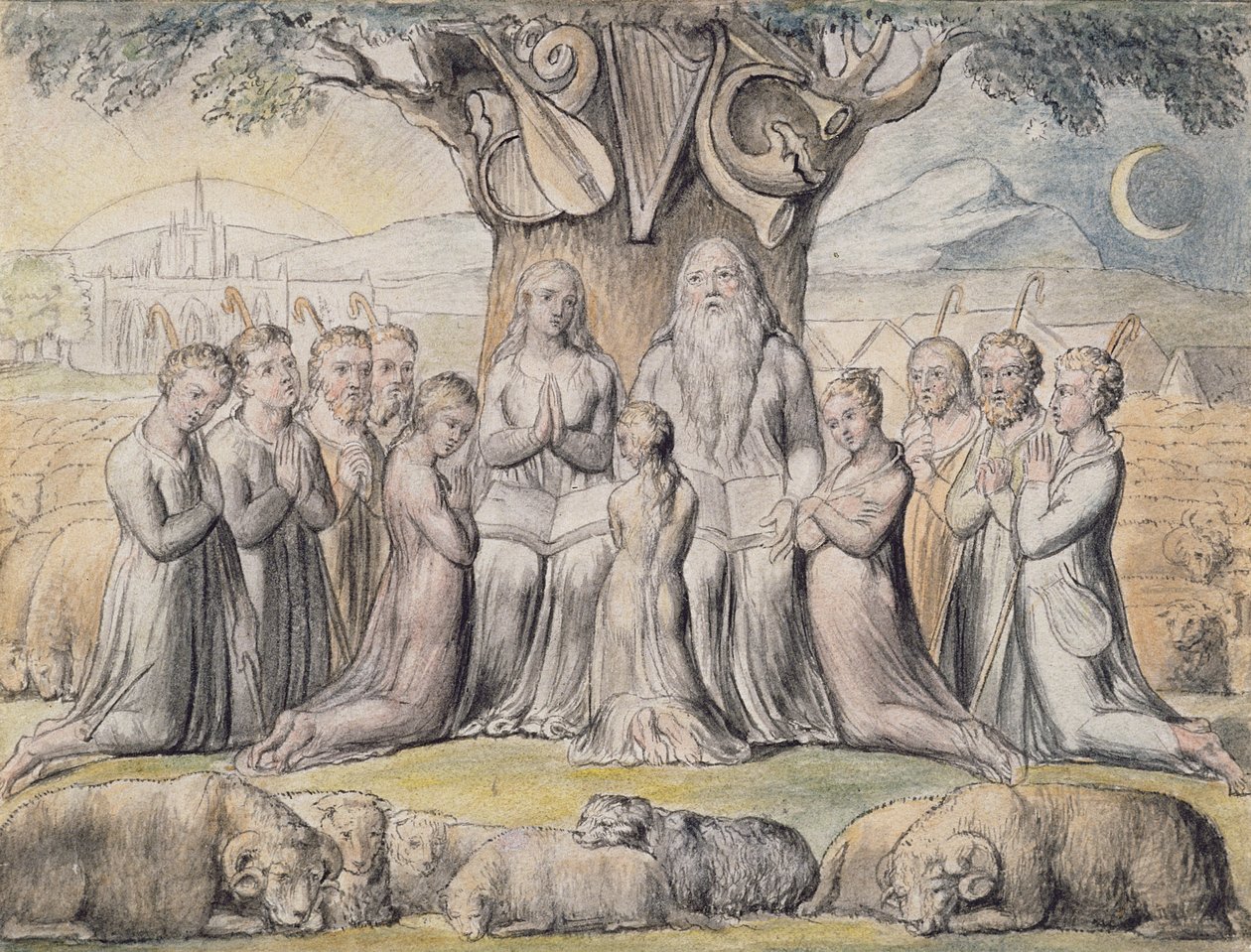 Ilustraciones del Libro de Job, pl.2 (página 1): Job y su familia, después de William Blake (1757-1827) de James Thomas Linnell