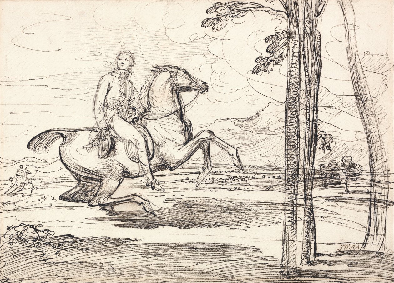 Un jinete en un paisaje: Probablemente un estudio para Theophilus Levett cazando zorros en Wychnor Park de James Ward