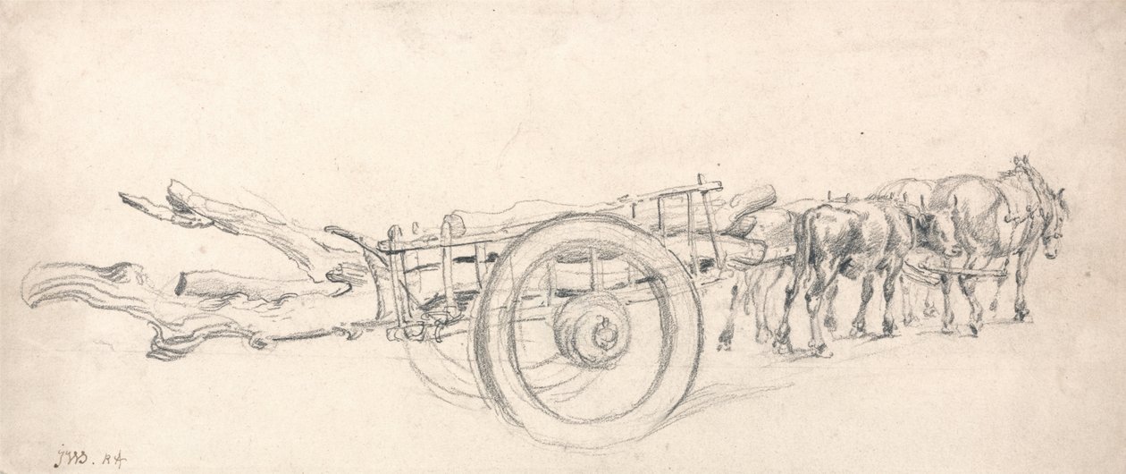 Un carro de madera cargado con troncos, tirado por un par de caballos y un par de bueyes de James Ward