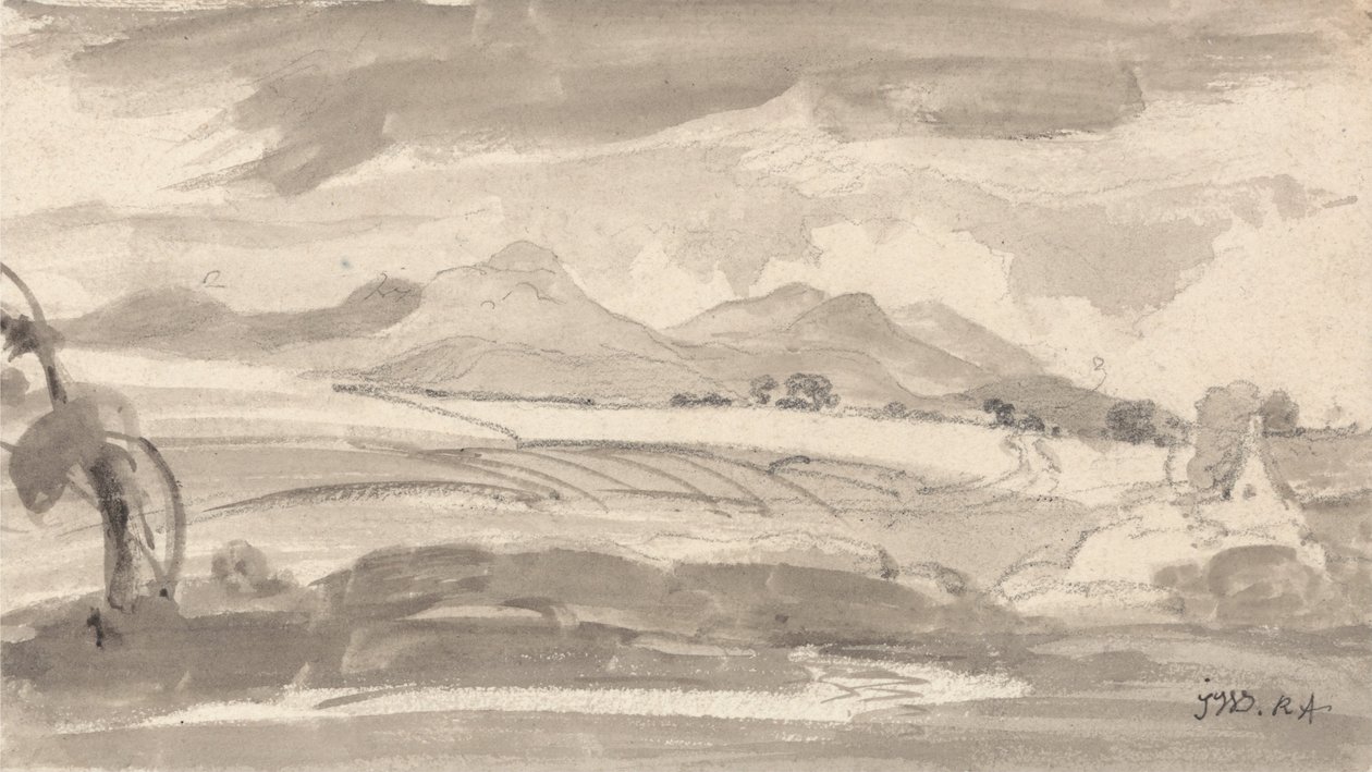 Vista con Campos y Montañas Distantes, con una Cabaña a la Derecha de James Ward