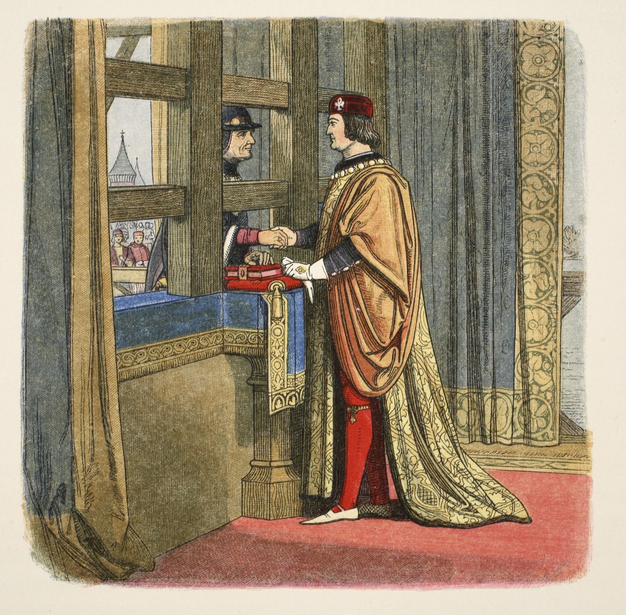 Encuentro de Eduardo IV y Luis XI de Francia en Pecquigny, 29 de agosto de 1475, de Una Crónica de Inglaterra BC 55 a AD 1485, pub. Londres, 1863 de James William Edmund Doyle