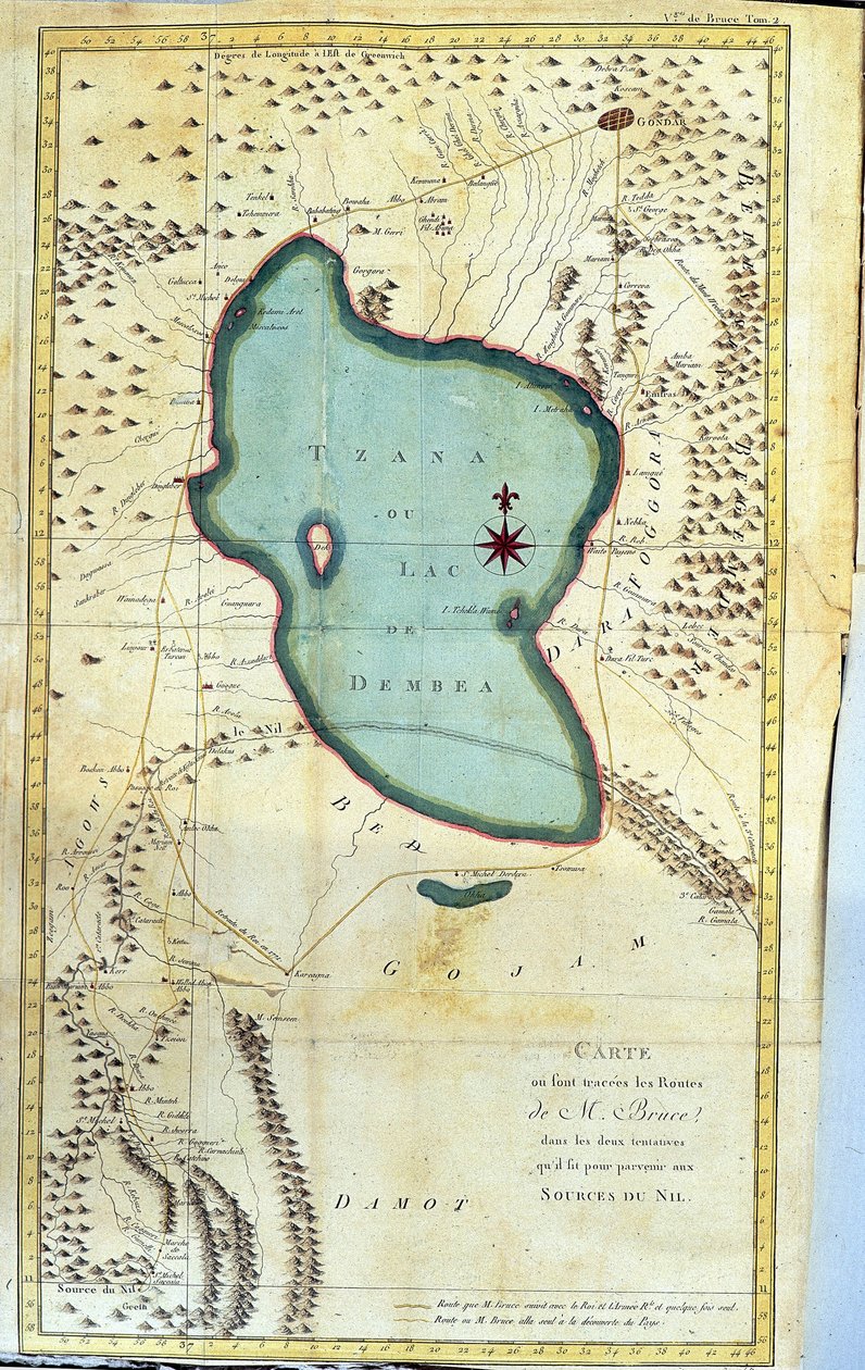 Mapa de la región del Lago Tzana o Lago Dembea (rutas de M. Bruce en sus dos intentos de alcanzar las fuentes del Nilo) - en “Viaje a Nubia y Abisinia emprendido para descubrir las fuentes del Nilo durante los años 1768 a 1772”, por James Bruce, vol. 1, Pa de James Bruce