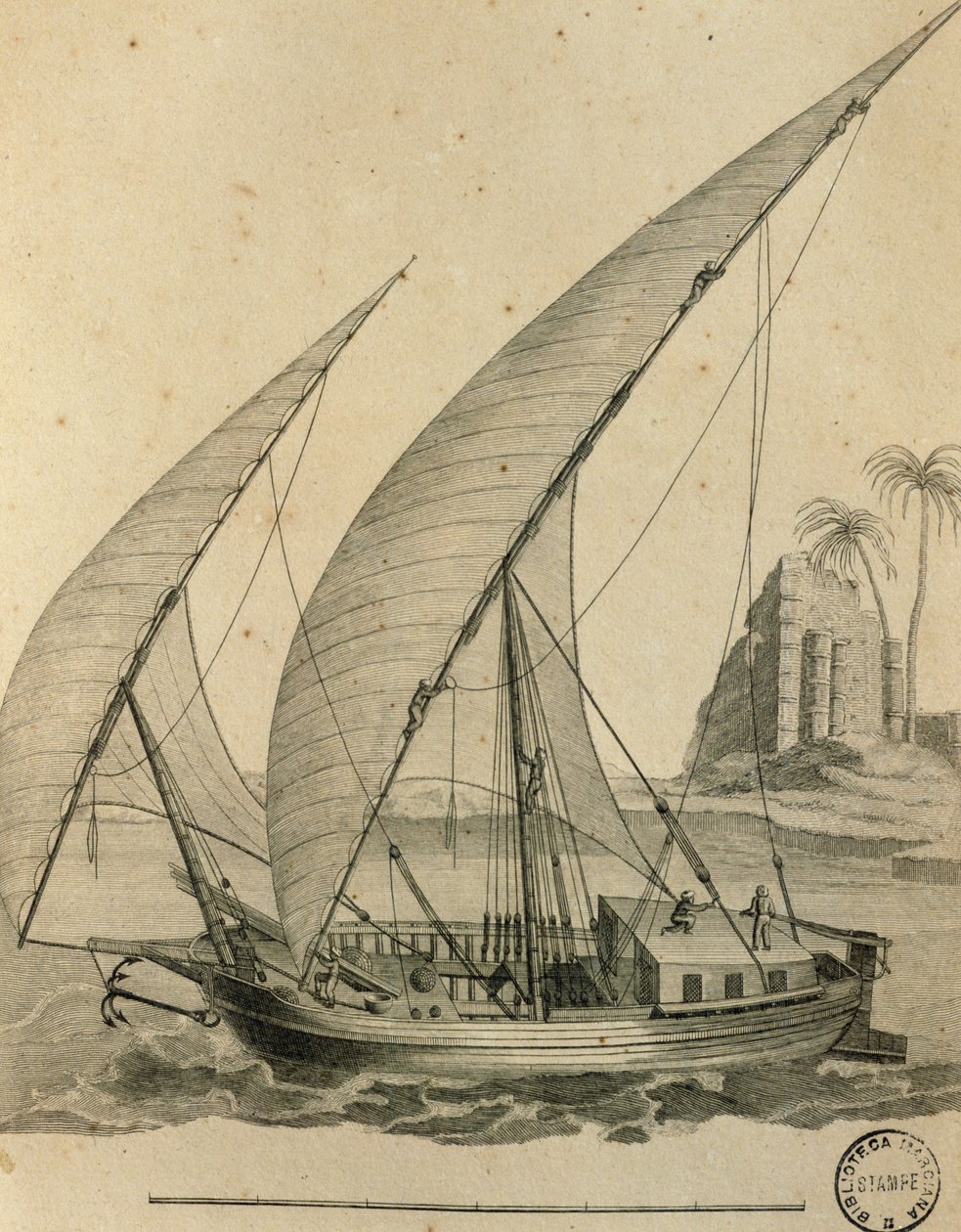 Velero de Nubia, Egipto, grabado de Cartes et figures du Voyage en Nubie et en Abyssinie, James Bruce de James Bruce