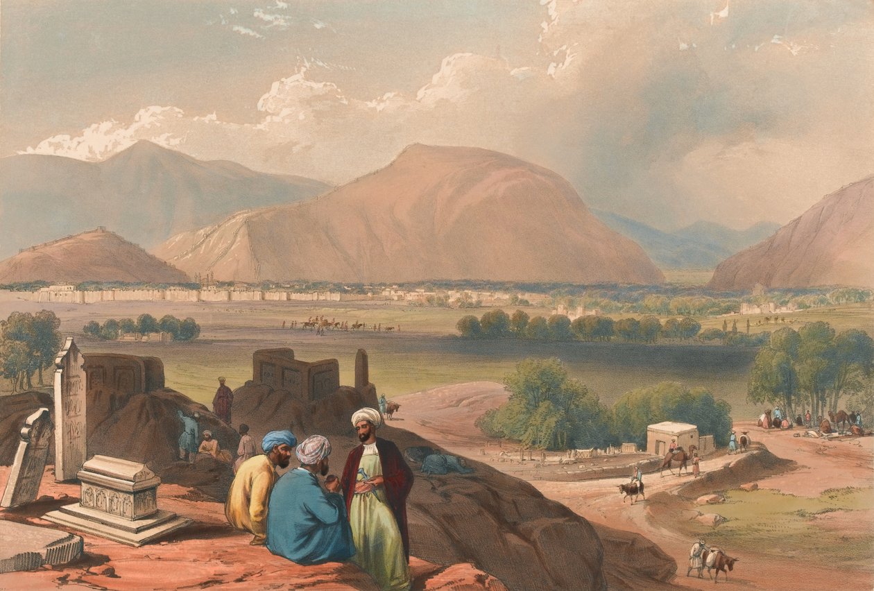 Caubul, desde un cementerio en la cresta de la montaña, noreste de la ciudad (litografía, tintada) de James (after) Atkinson