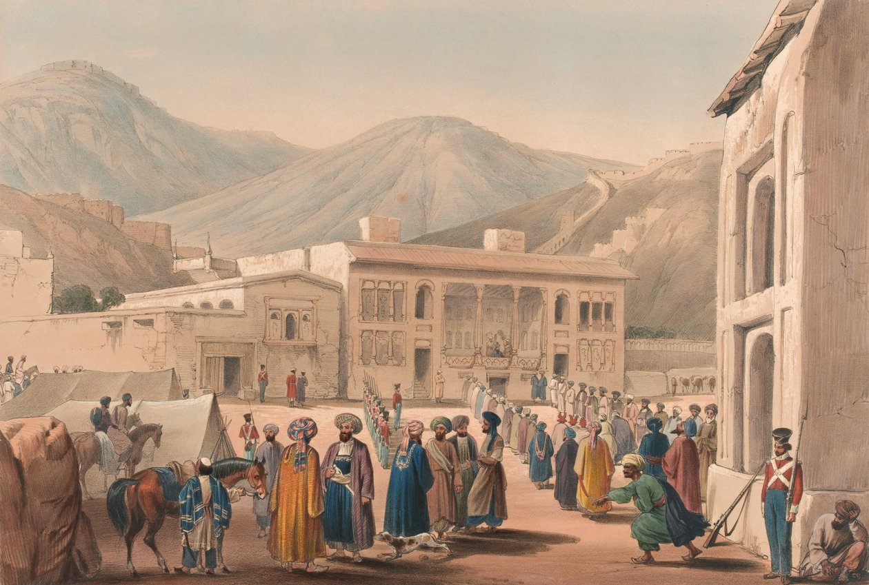 El Durbar-Khaneh de Shah Shoojah-ool-Moolk, en Kabul, c.1840 (litografía, tintada) de James (after) Atkinson
