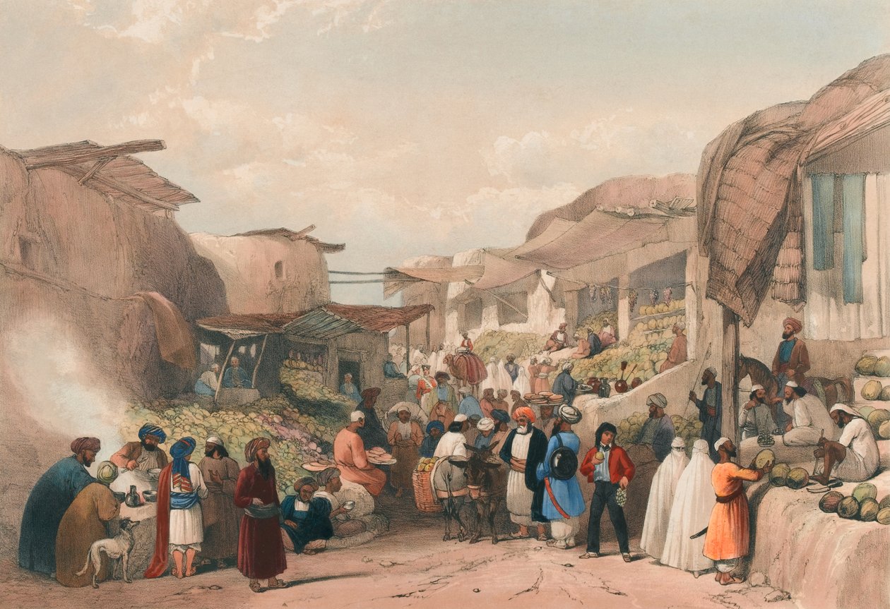 La Calle Principal en el Bazar de Kabul en la Temporada de Frutas, c.1839 de James (after) Atkinson
