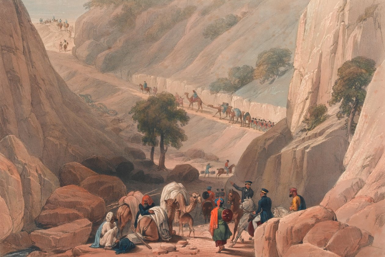 Las tropas emergiendo de la parte estrecha del desfiladero en el paso de Koojah de James (after) Atkinson