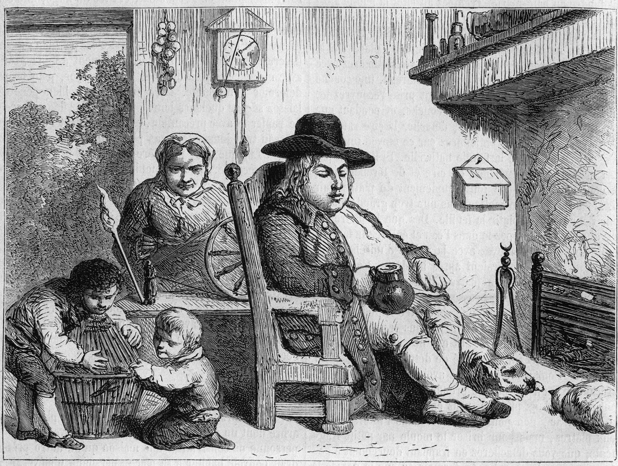 John Bull feliz: John Bull (personaje típico inglés, símbolo de Inglaterra) en casa con su esposa e hijos. Grabado de Gilbert después de Gillray. En “Le Magasin pittoresque” de James (after) Gillray