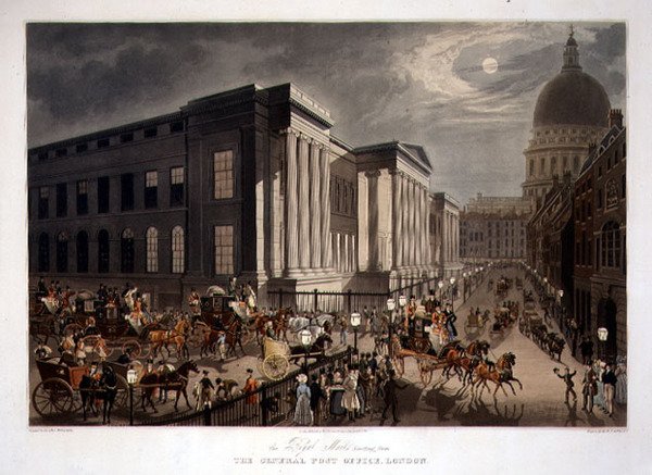 Los Correos Reales partiendo de la Oficina General de Correos, Londres, grabado por R. G. Reeves, publicado por Thomas McLean de James (after) Pollard