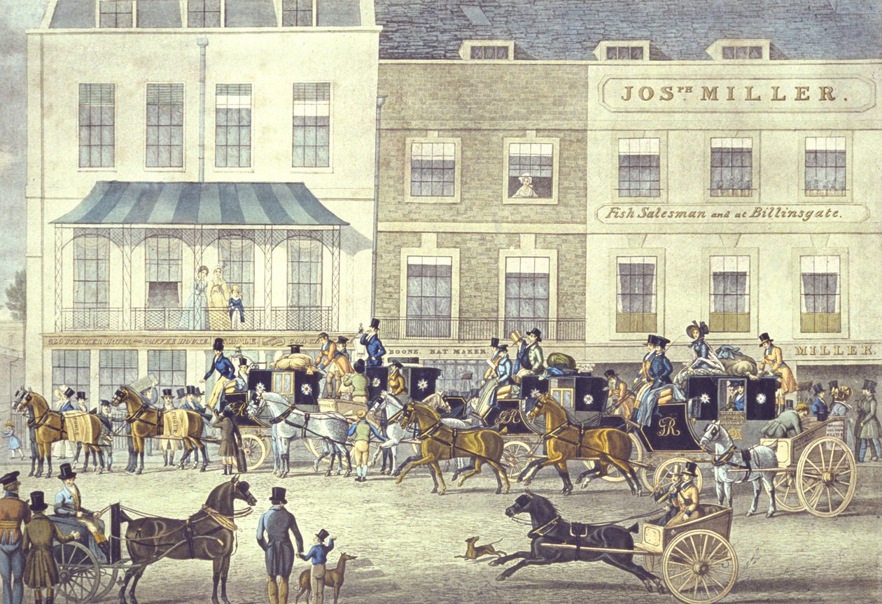 Correo del oeste en la Gloucester Coffee House, Piccadilly, grabado por C. Rosenberg de James (after) Pollard