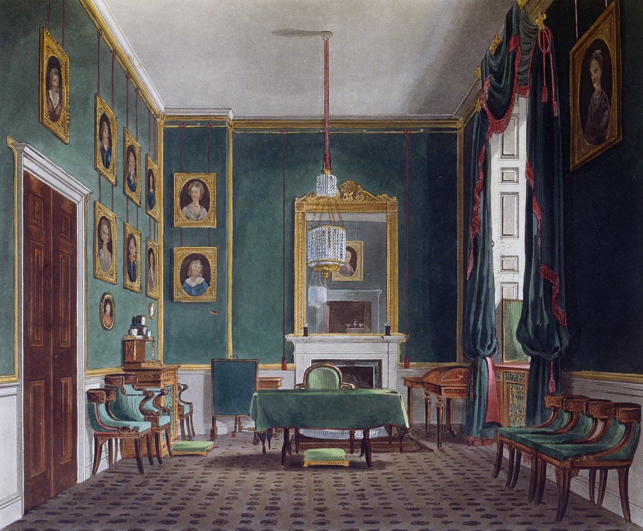 Sala verde, grabado de Daniel Havell basado en diseño de James Stephanoff, de The History of the Royal Residences de James (after) Stephanoff