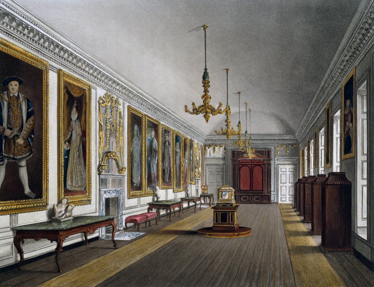 Galería de la Reina, grabado de Thomas Sutherland basado en diseño de James Stephanoff, de The History of the Royal Residences de James (after) Stephanoff