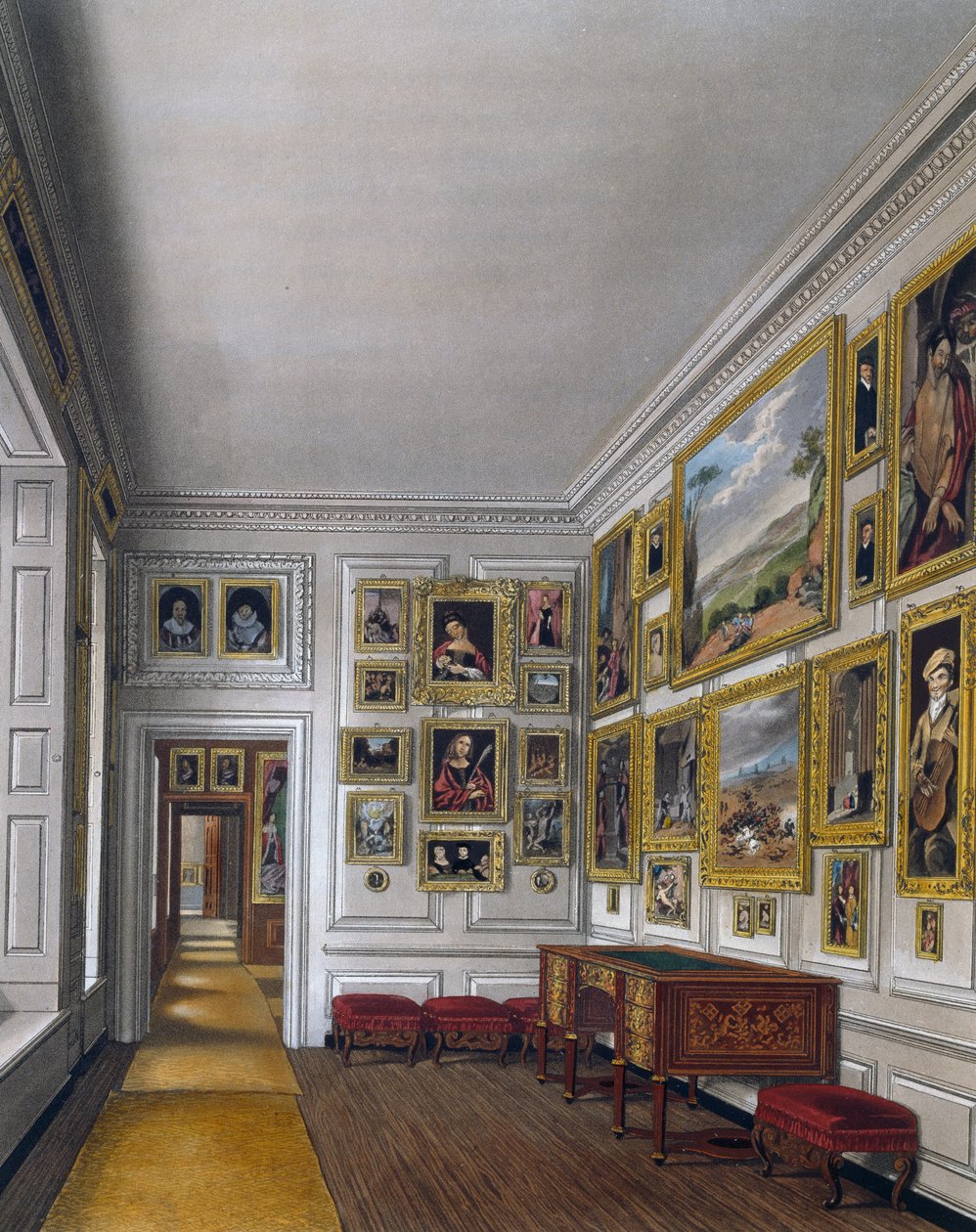 Sala de retiro de la Reina, grabado por William James Bennett (1787-1844), basado en el diseño de James Stephanoff (ca 1788-1874), de The History of the Royal Residences de James (after) Stephanoff