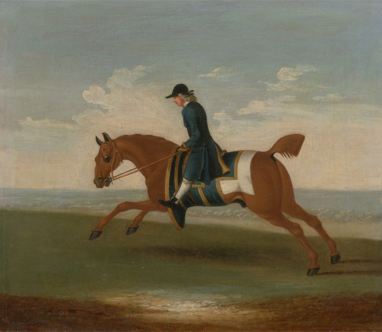 Caballo de carreras castaño ejercitado por un entrenador con abrigo azul de James (attr.) Seymour