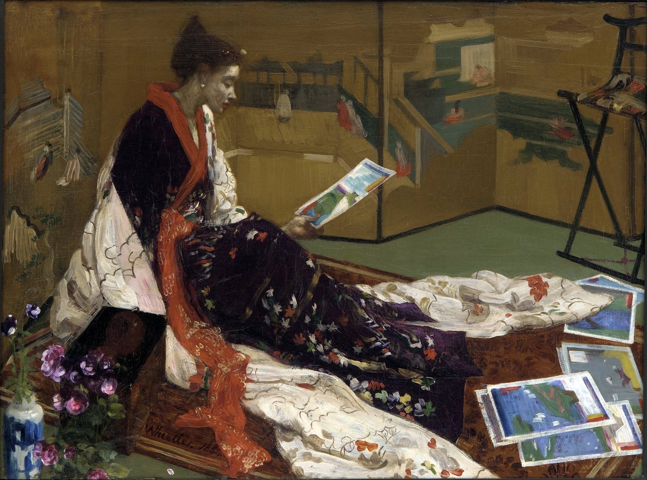 ""Caprice in purple and gold: the golden screen"" Mujer joven vestida al estilo japonés en kimono, mirando grabados - (Japanismo) Pintura de James Abbott McNeill Whistler (1834-1903) 1864 Freer Gallery of Art, Washington Estados Unidos de James Abbott McNeill Whistler