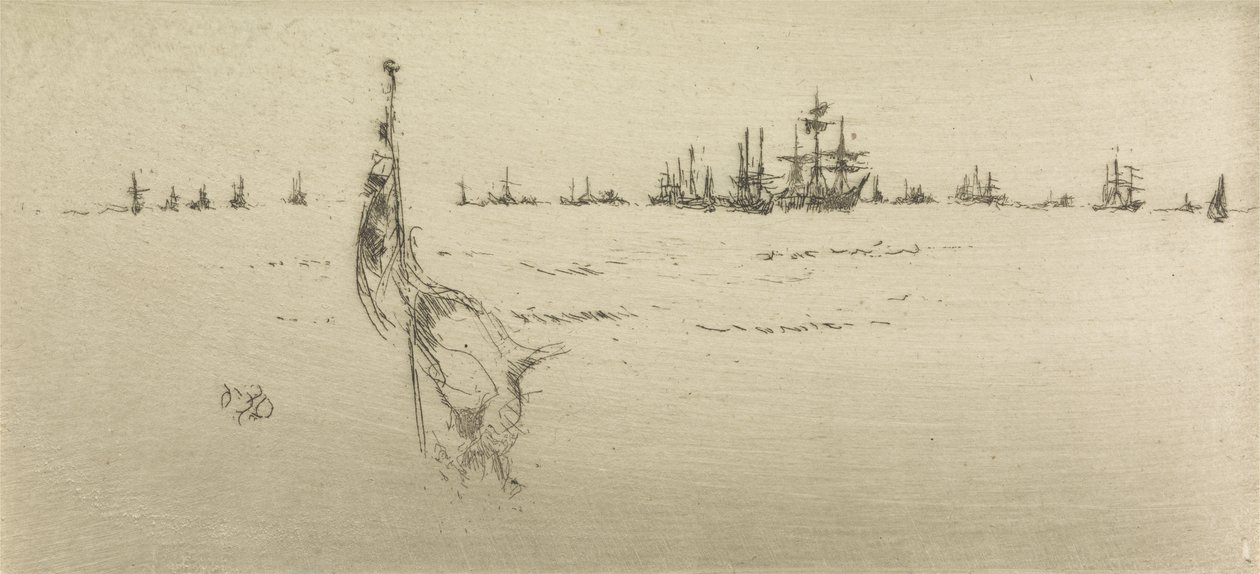 Bajando la bandera, de un conjunto de doce grabados titulado La revisión naval, 1887 de James Abbott McNeill Whistler