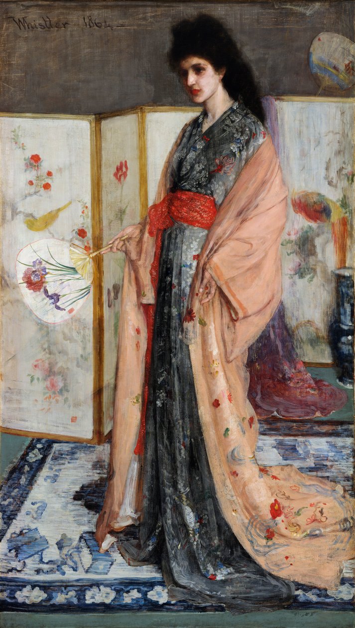 ""La princesa del país de la porcelana"" (Rose and Silver: The Princess from the Land of Porcelain) Mujer joven vestida al estilo japonés con un kimono, detrás de ella un biombo japonés (Japonismo) Pintura de James Abbott McNeill Whistler ( 1834- 1903) 186 de James Abbott McNeill Whistler