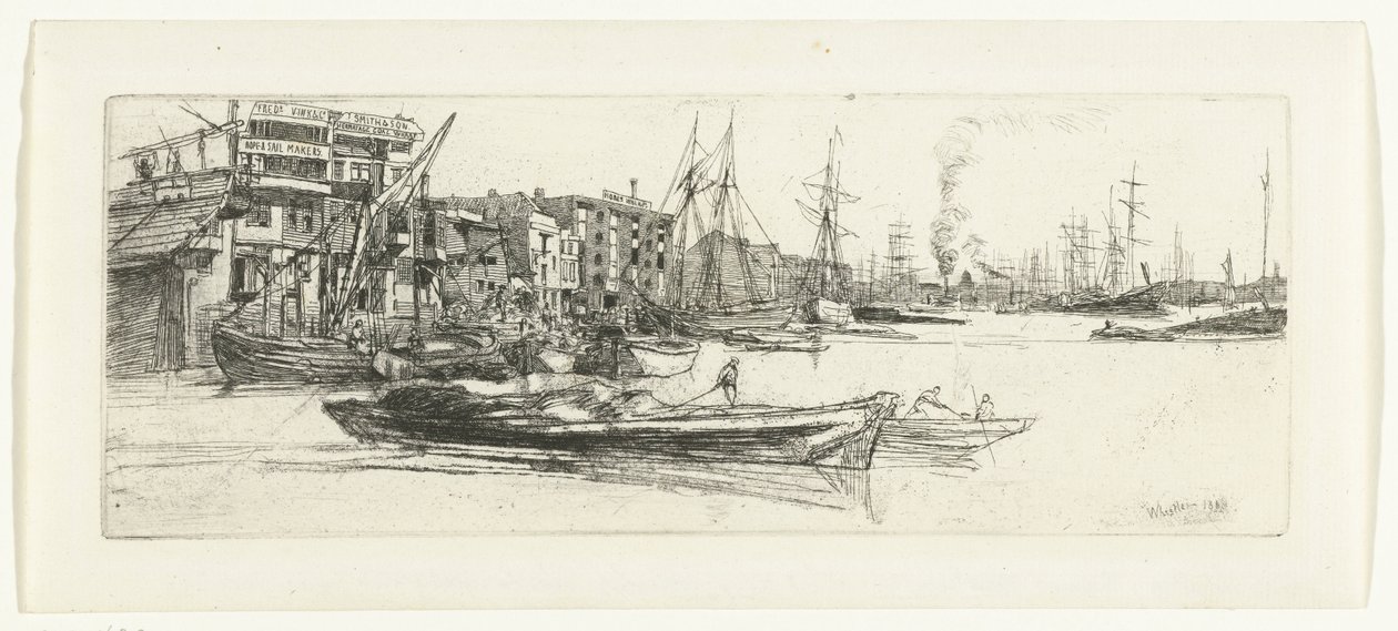 Pakhuizen aan de Themes Almacenes del Támesis Dieciséis grabados de escenas en el Támesis y otros temas (título de la serie) de James Abbott McNeill Whistler
