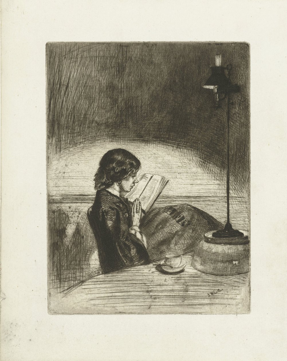 Retrato de Deborah Delano leyendo Lectura a la luz de una lámpara de James Abbott McNeill Whistler