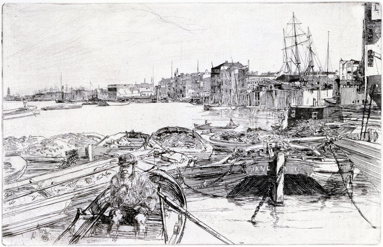 Vista del Támesis, sobre la cuenca de Londres (Inglaterra), en 1859, pertenece a una serie de grabados sobre el Támesis, que pone de relieve la comunidad de trabajadores marítimos de la capital inglesa de James Abbott McNeill Whistler