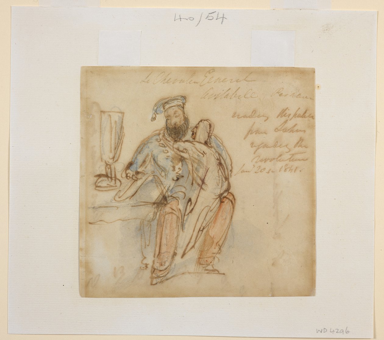 El general Avitabile sentado en una mesa leyendo, con una mujer sobre sus rodillas, posiblemente su favorita, Begum Peri de James Atkinson