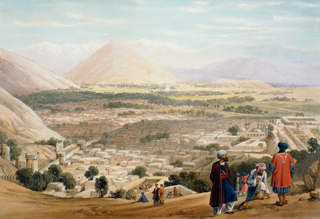 Kabul desde la Ciudadela, mostrando la antigua ciudad amurallada, Primera Guerra Anglo-Afgana 1838-1842 de James Atkinson