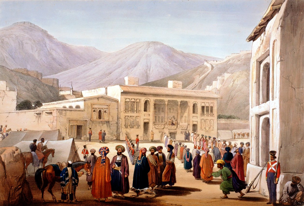 Shah Shoja, marioneta de los británicos, celebrando un durbar en Kabul, Primera Guerra Anglo-Afgana, 1838-1842 de James Atkinson
