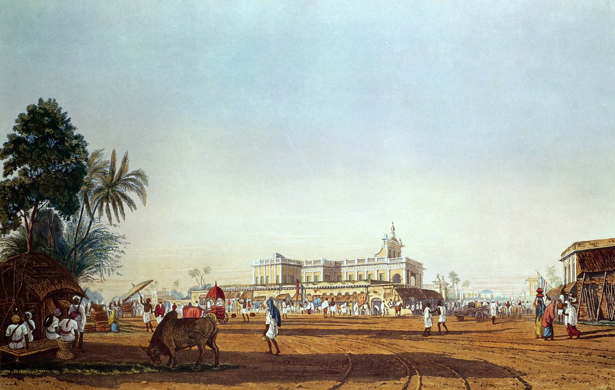Lall Bazaar y la Capilla Portuguesa, Calcuta, grabado por Robert Havell, publicado en 1824 de James Baillie Fraser
