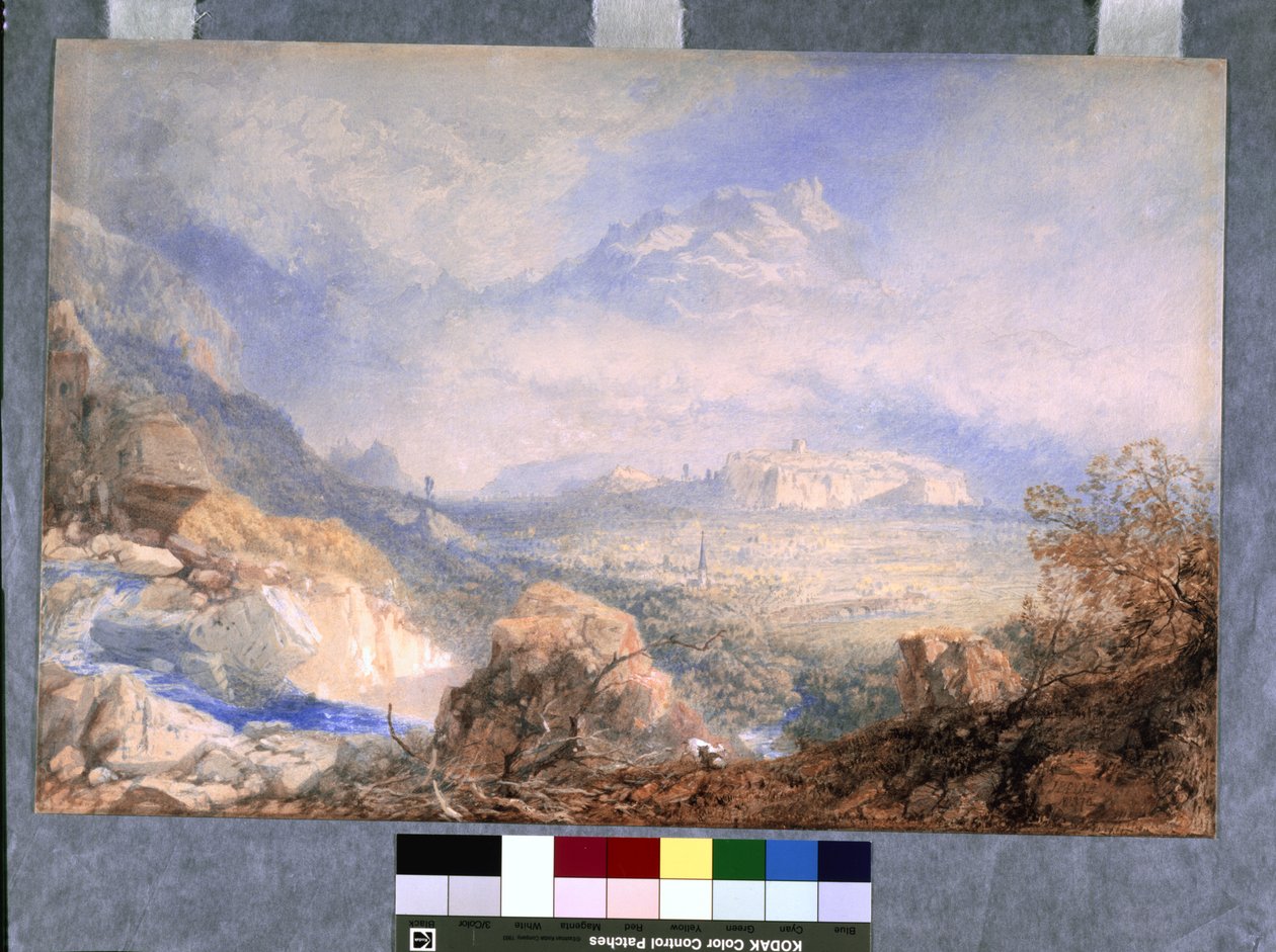 Valle del Ródano con la ciudad y la ciudadela de Sión, en Suiza (acuarela y gouache sobre papel blanco) de James Baker Pyne