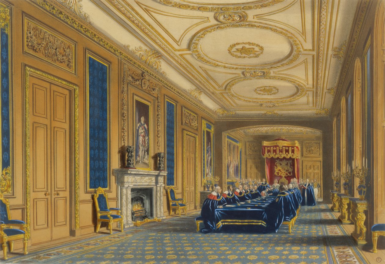 La Sala del Trono, Castillo de Windsor - La Instalación de la Orden de la Jarretera, 1838 de James Baker after Pyne