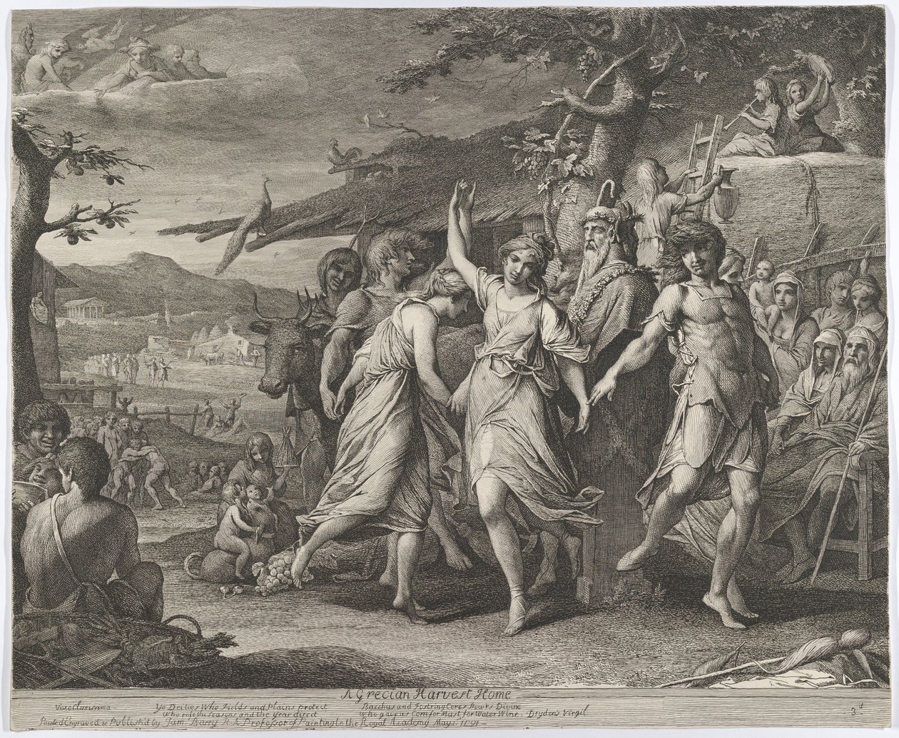 Una fiesta de la cosecha griega, o acción de gracias a las deidades rurales: Ceres, Baco, etc. de James Barry