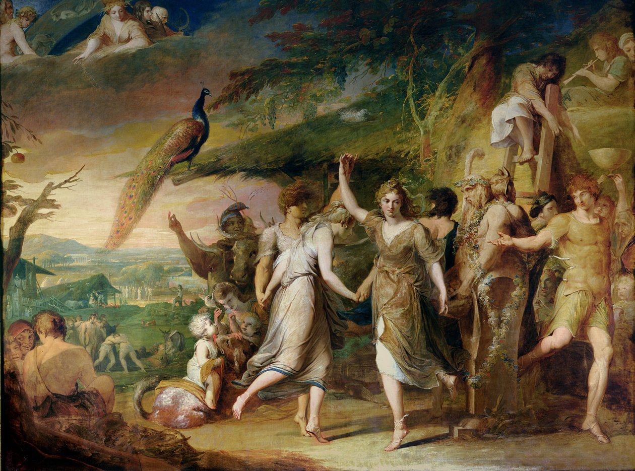 Una Cosecha Griega, o Acción de Gracias a los Dioses Rurales, Ceres, Baco, Silvano y Pan, segundo en la serie El Progreso de la Cultura y el Conocimiento Humano, c.1777-84 de James Barry