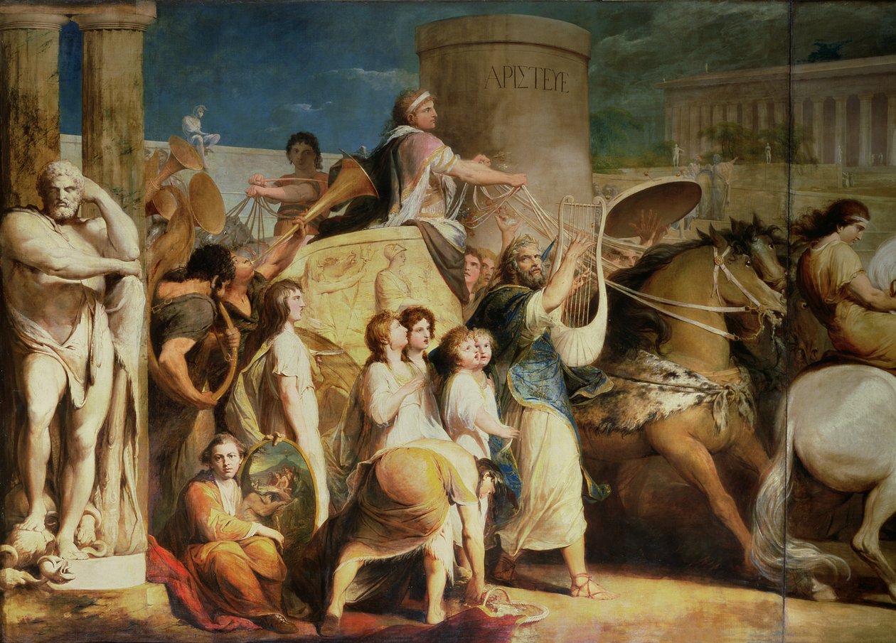 Coronación de los vencedores en Olimpia, tercera en la serie "El progreso de la cultura y el conocimiento humano", (detalle) del auriga, Hierón de Siracusa y vencedores, c.1777-84 de James Barry