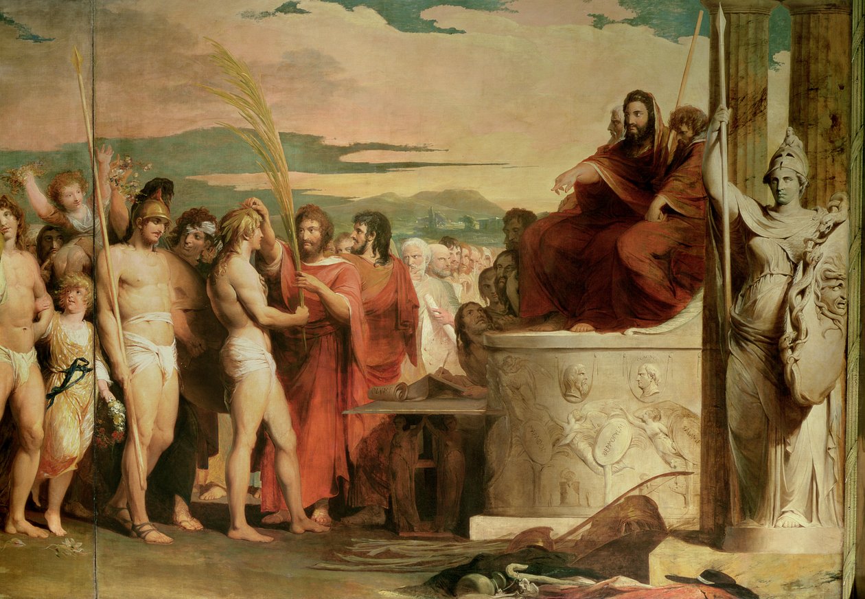 Coronación de los vencedores en Olimpia, tercero en la serie El progreso de la cultura y el conocimiento humano, detalle de los vencedores siendo coronados ante los Hellanodicae, c.1777-84 de James Barry